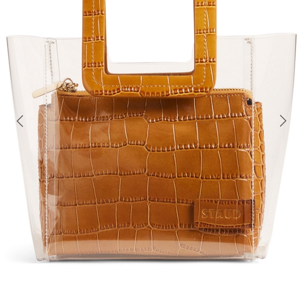 STAUD Tan Mini Bag with Croc-Embossed Inner and Transparent Outer